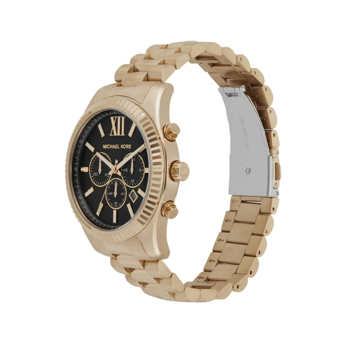 Michael Kors Lexington Chronograph Black Dial Gold Steel Strap Watch