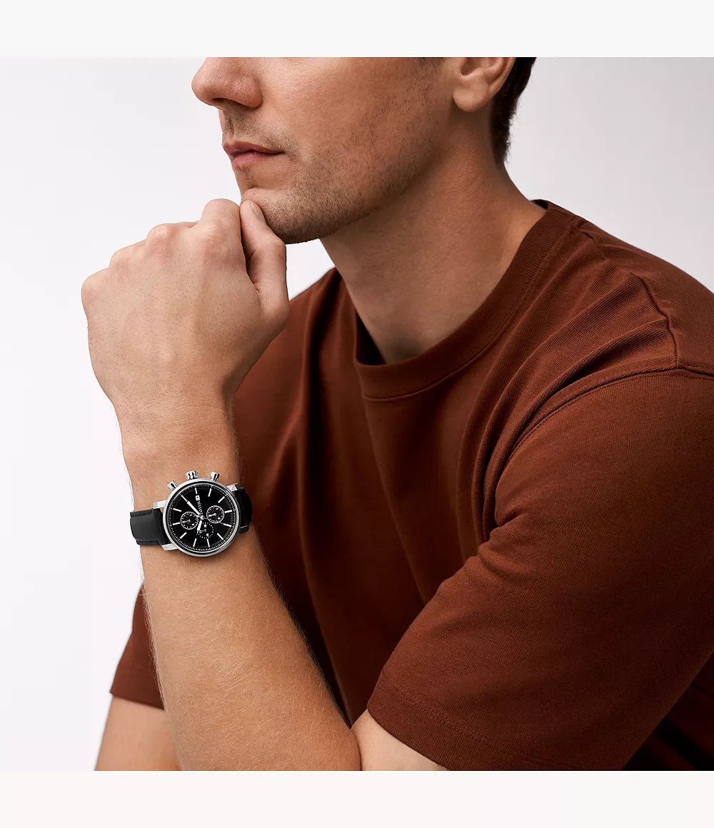 Fossil hett LiteHide leather watch in black with multifunction movement