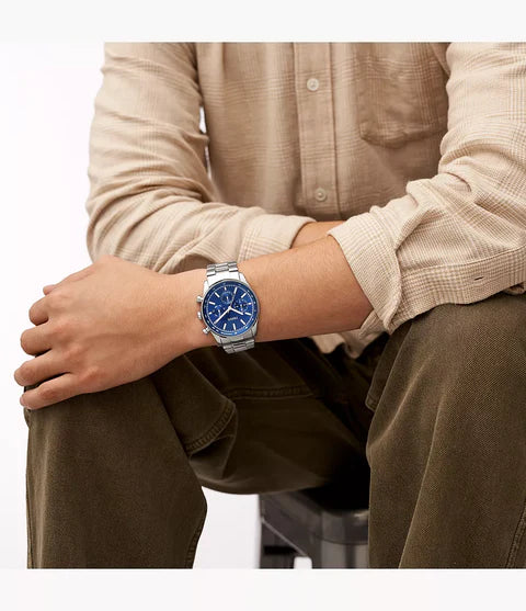 Fossil Sullivan Mens Multifunction Watch, Blue Dial, Silver Stainless Steel
