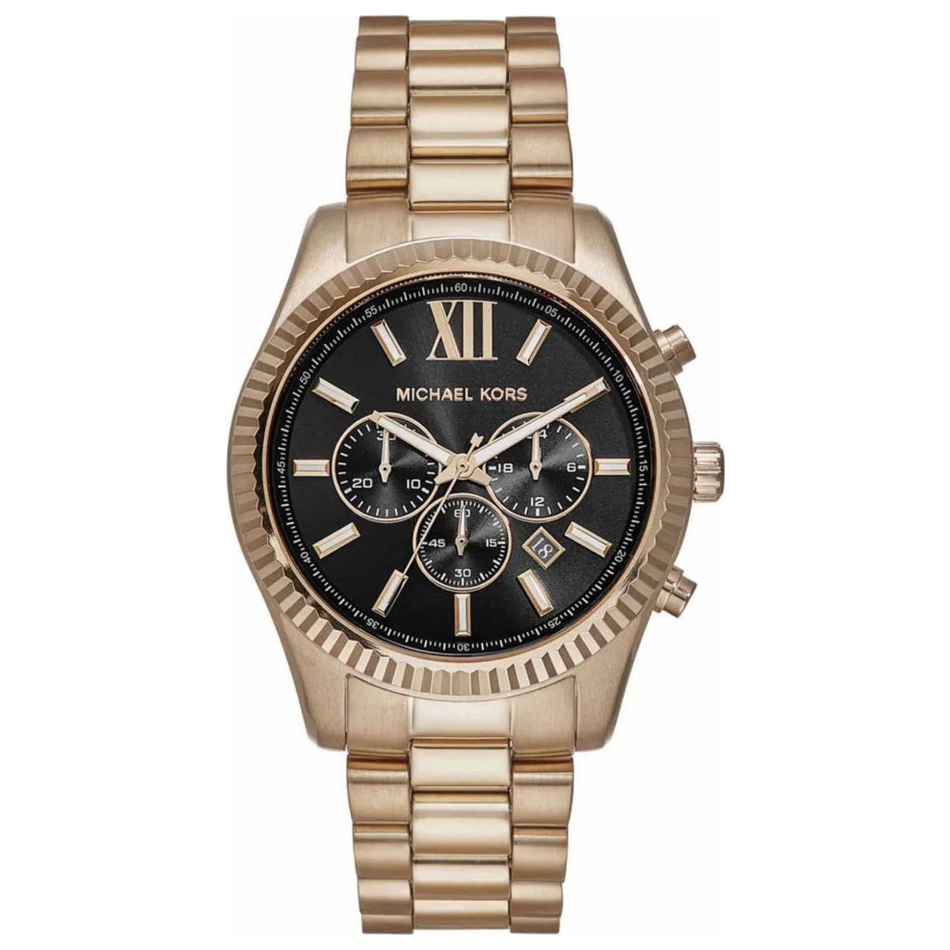 Michael Kors Lexington Chronograph Black Dial Gold Steel Strap Watch