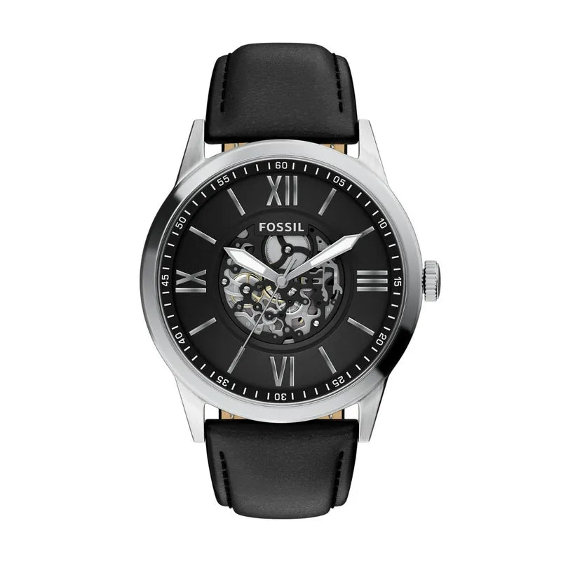 Fossil Flynn Three-Hand Black Leather Watch with Black Dial