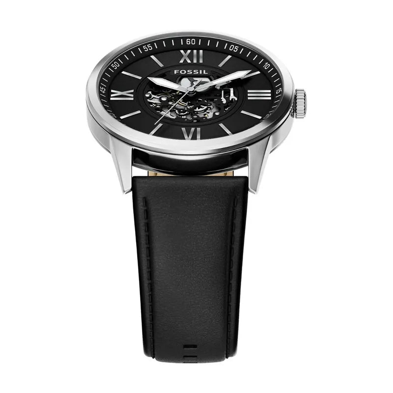 Fossil Flynn Three-Hand Black Leather Watch with Black Dial