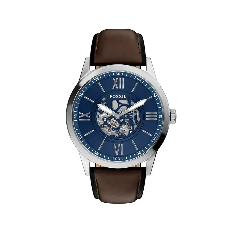 Fossil Flynn Three-Hand Brown Leather Watch with Blue Dial