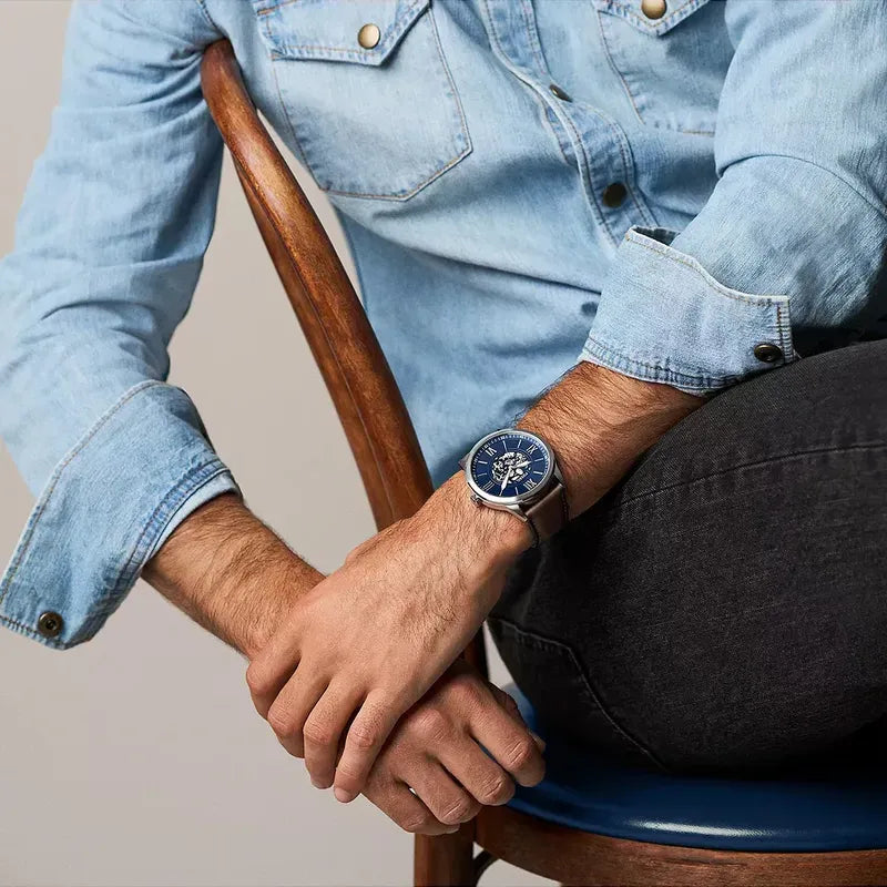 Fossil Flynn Three-Hand Brown Leather Watch with Blue Dial