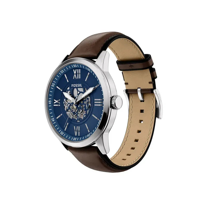 Fossil Flynn Three-Hand Brown Leather Watch with Blue Dial