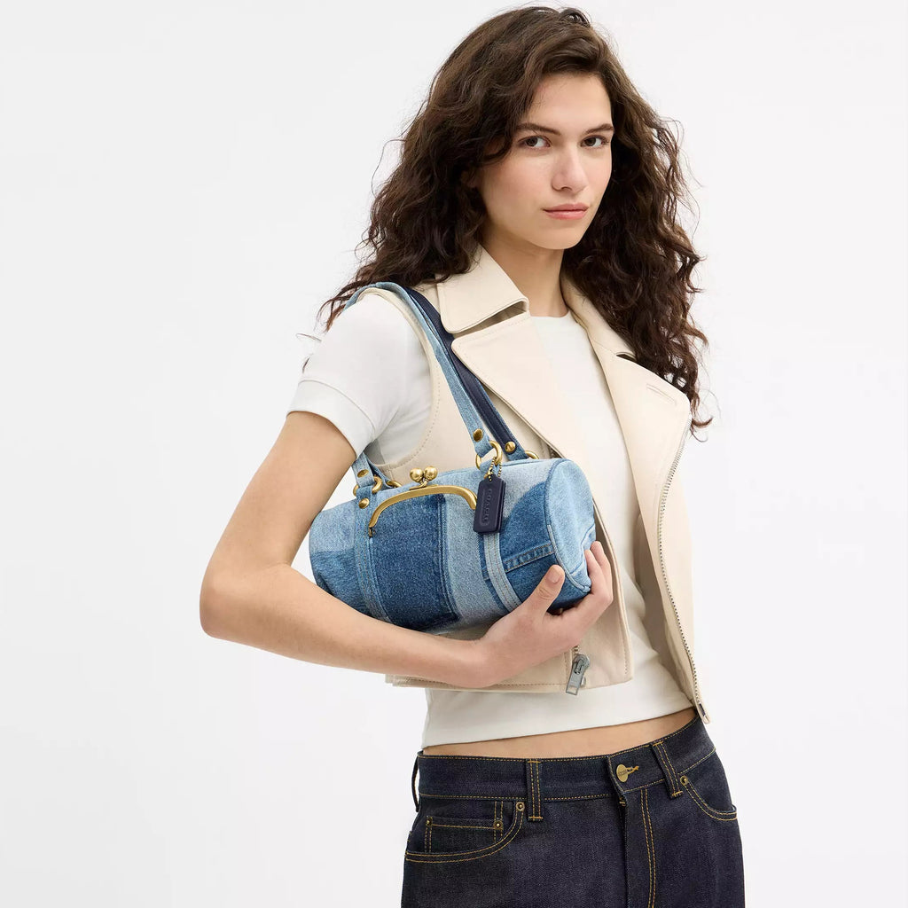 COACH Kisslock Small Repurposed Denim Barrel Slim Shoulder Bag
