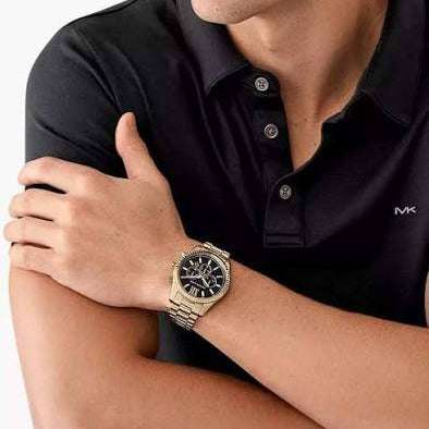 Michael Kors Lexington Chronograph Black Dial Gold Steel Strap Watch